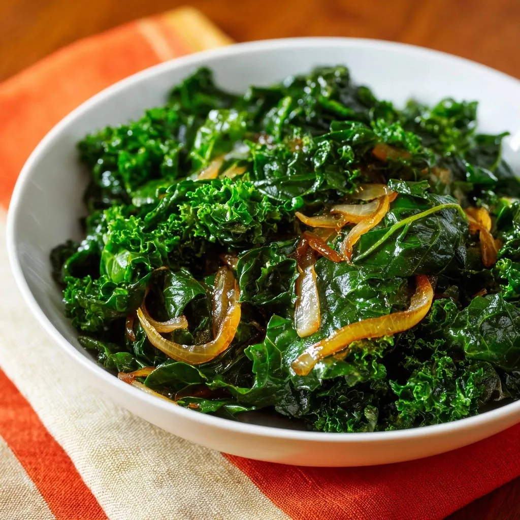 Simple sautéed kale and onions served in a white bowl, shown in a close-up view.