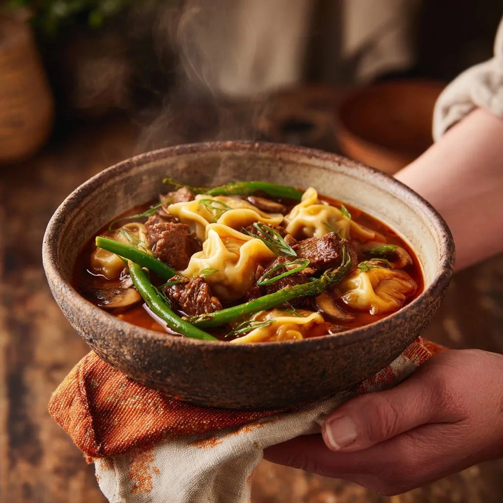 Savory beef and dumpling bowl featuring plump dumplings and tender beef, with steam rising from the rich broth.