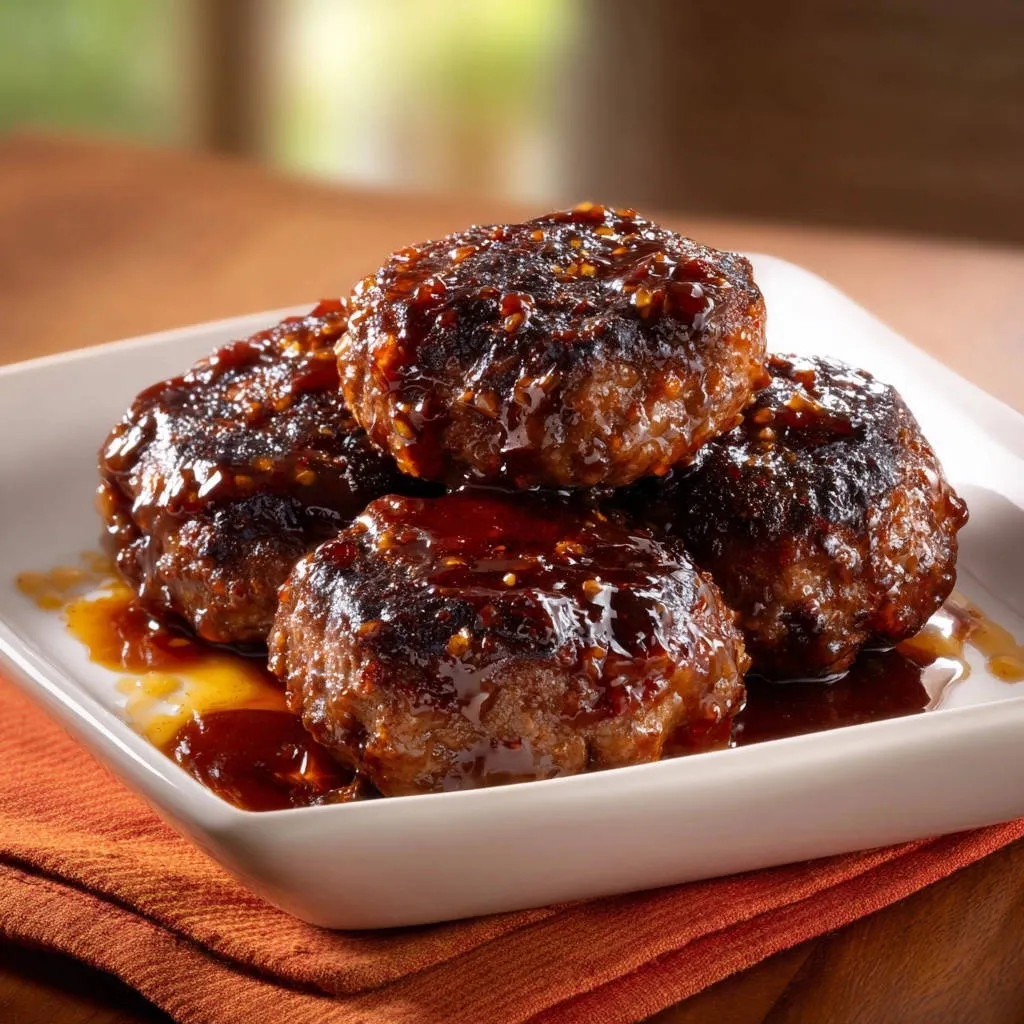 Savory glazed meat steaks stacked high on a white plate, glistening with a rich, dark sauce.