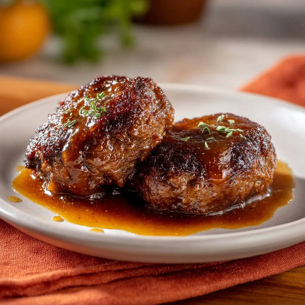 Savory glazed meat steaks served on a plate with a rich glaze and fresh herb garnish.