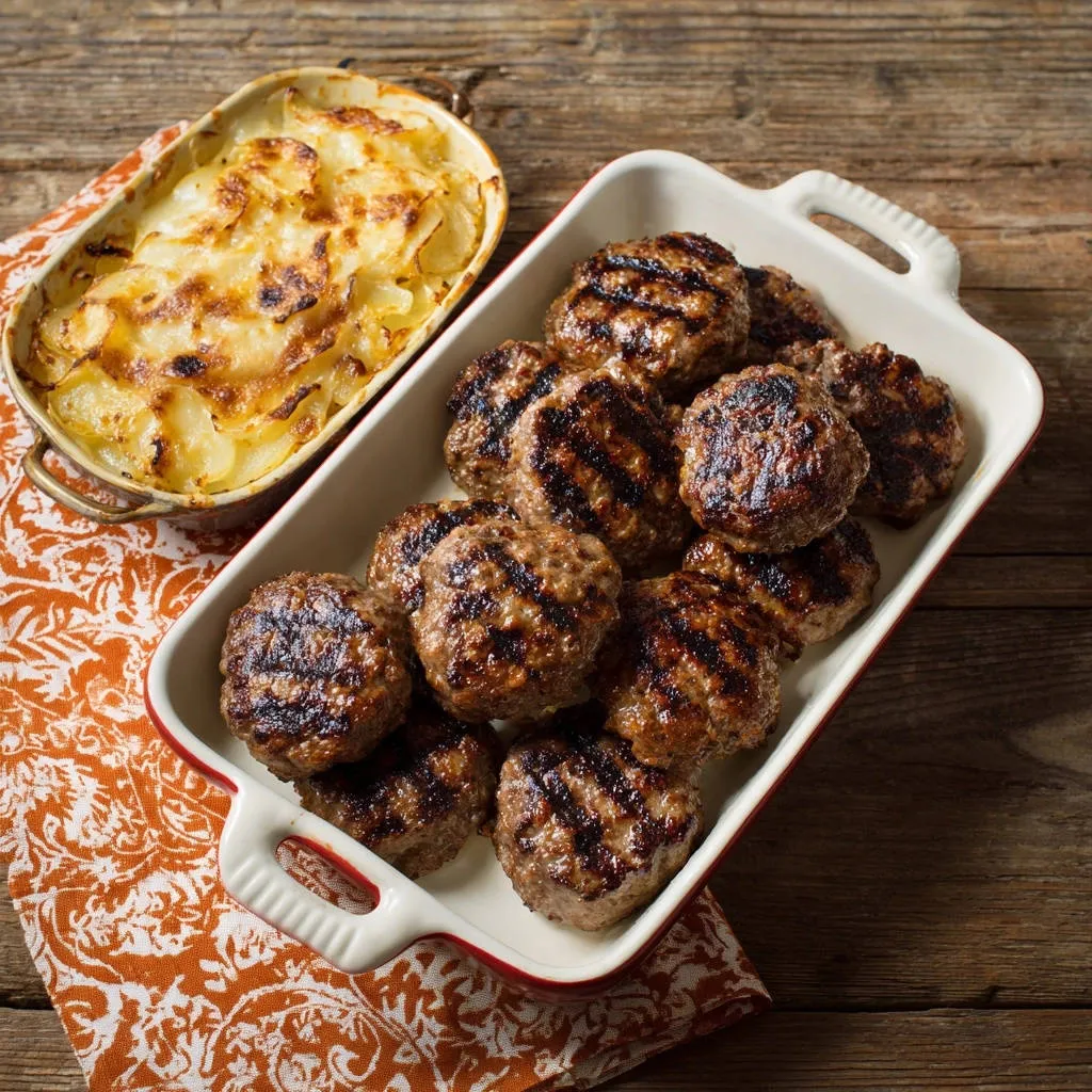 Savory seared meat patties are served in a white baking dish next to a gratin of potatoes.