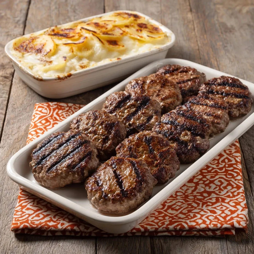 Savory seared meat patties served side-by-side with creamy scalloped potatoes in a rustic setting.