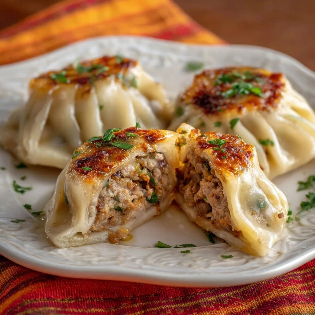 Savory steamed meat dumplings shown in a close-up cross-section on a white plate with fresh parsley garnish.