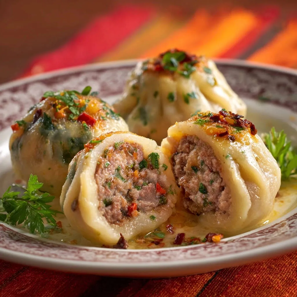 Savory steamed meat dumplings shown in a close-up cross-section revealing the juicy, herb-flecked filling.
