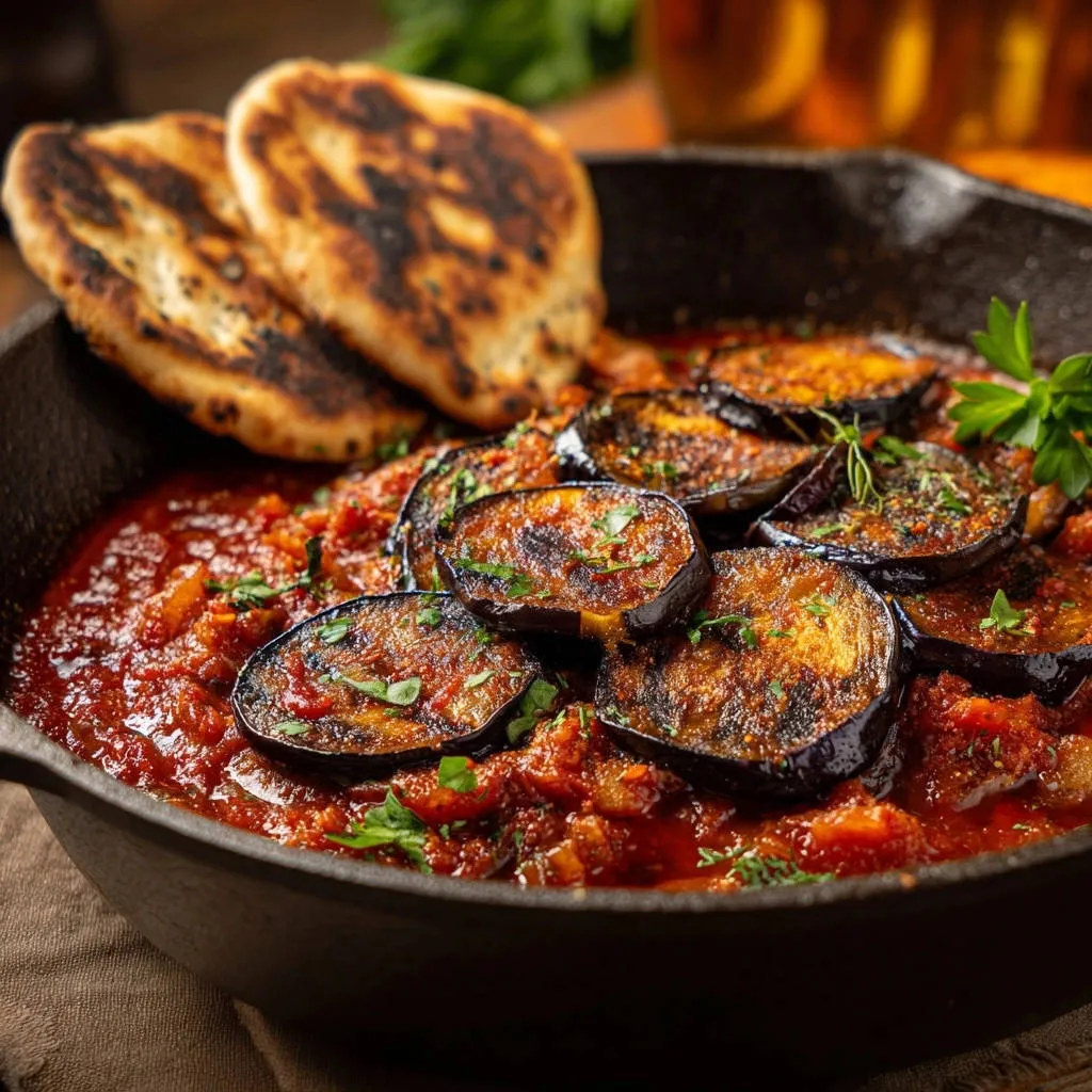 Seared eggplant tomato skillet served in a cast iron pan with two pieces of grilled bread on top.