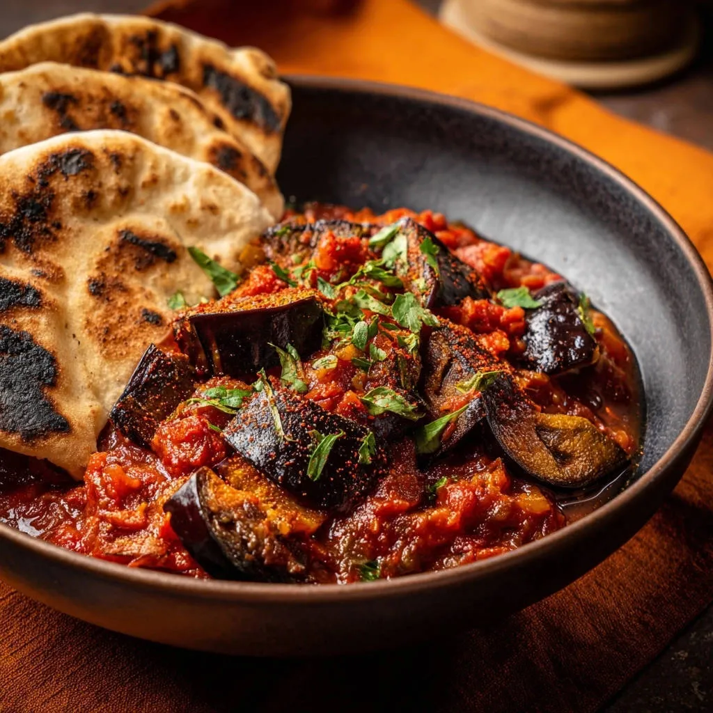 Seared eggplant tomato skillet served with warm naan bread, showcasing a close-up of the rich sauce and tender eggplant pieces.