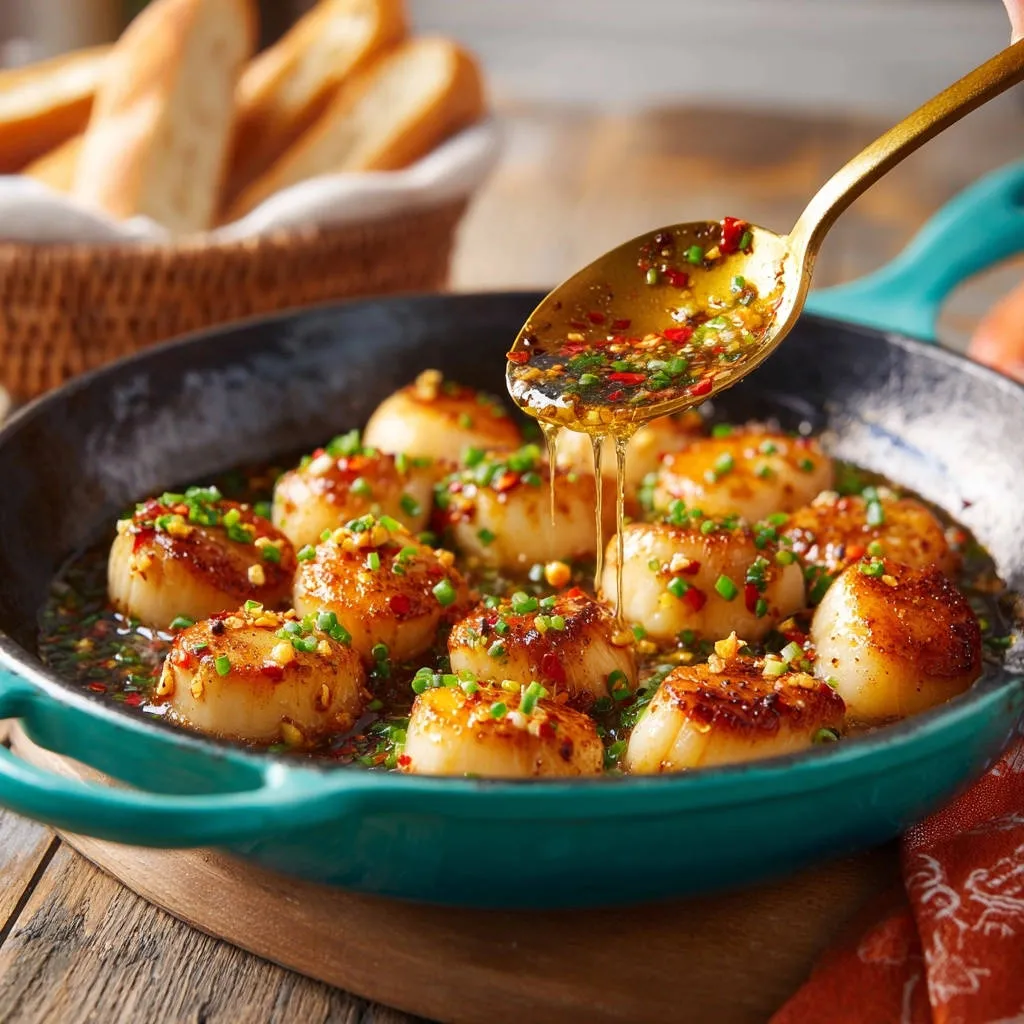 Golden seared scallops with chili garlic glaze being drizzled from a spoon, served in a teal pan.