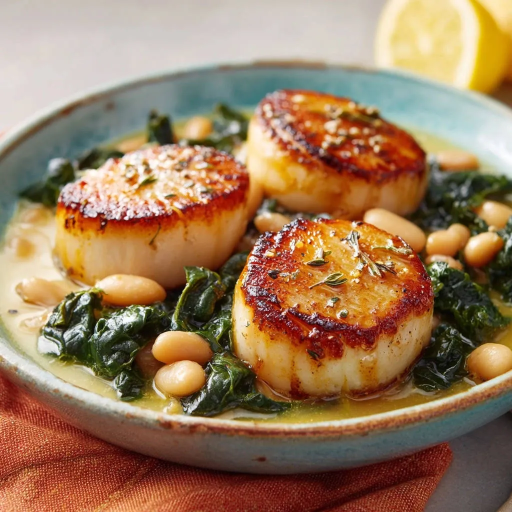 Restaurant-quality seared scallops with white beans, showcasing their golden crust and garnished with herbs.