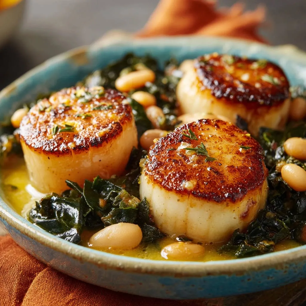 Restaurant-quality seared scallops with white beans showcasing a golden crust detail and fresh herbs.