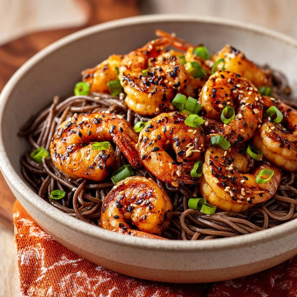 Sesame garlic shrimp and soba in a bowl, garnished with green onions and sesame seeds, showcasing a close-up view.