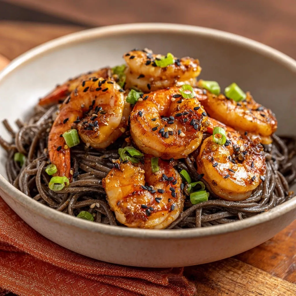 Sesame garlic shrimp and soba noodles shown in a close-up view, garnished with black sesame seeds and chopped green onions.