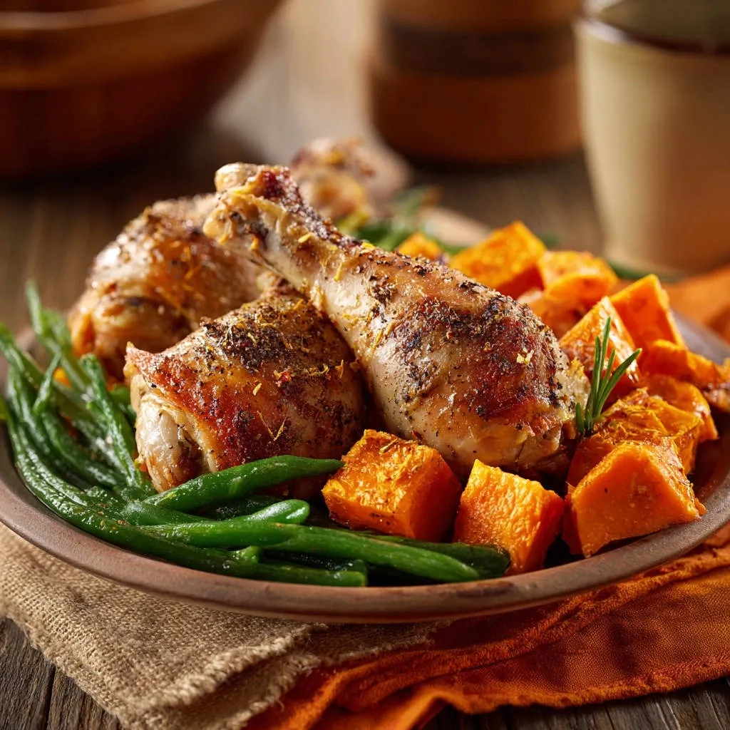 Sheet pan chicken legs and root veggies plated with green beans and roasted butternut squash, shown from a side view.