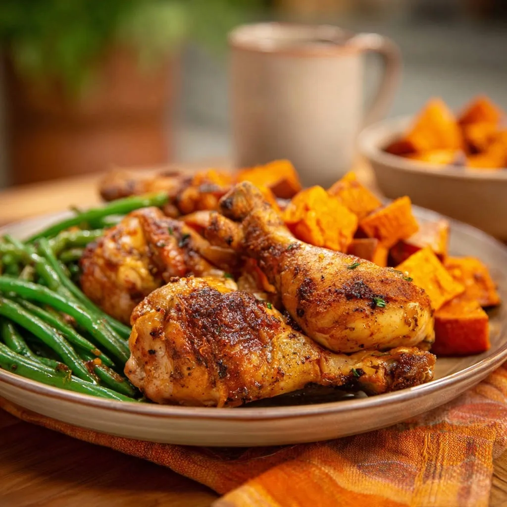 Sheet pan chicken legs and root veggies plated dish showing a close-up detail of the seasoned chicken and green beans.