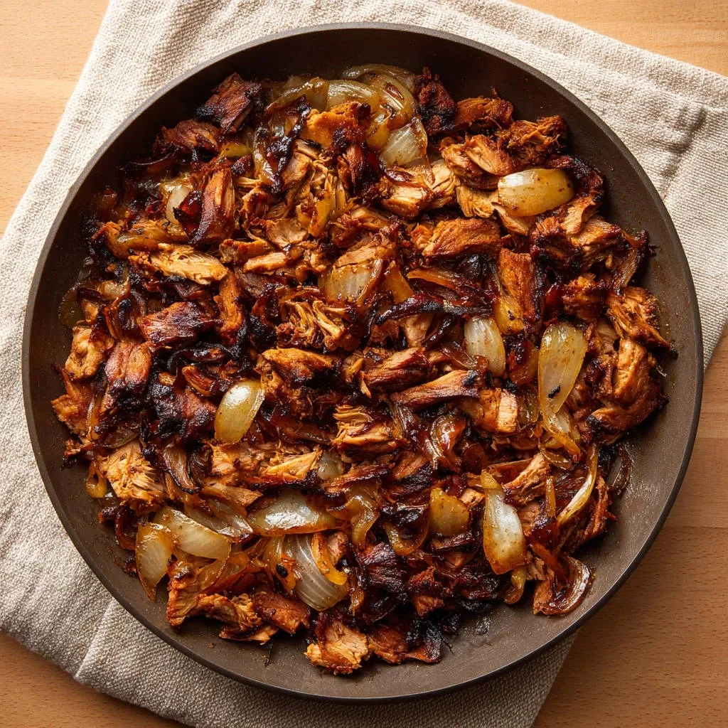 Shredded beef and caramelized onions in a bowl, shown from an overhead perspective for a comforting meal.
