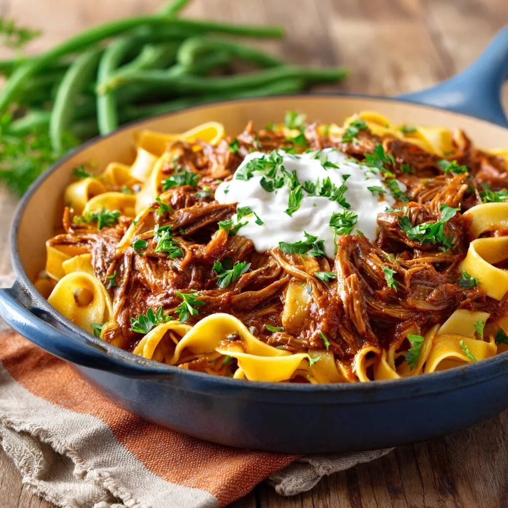 Ultimate comfort shredded beef noodles with a dollop of sour cream and fresh parsley garnish in a blue pan.