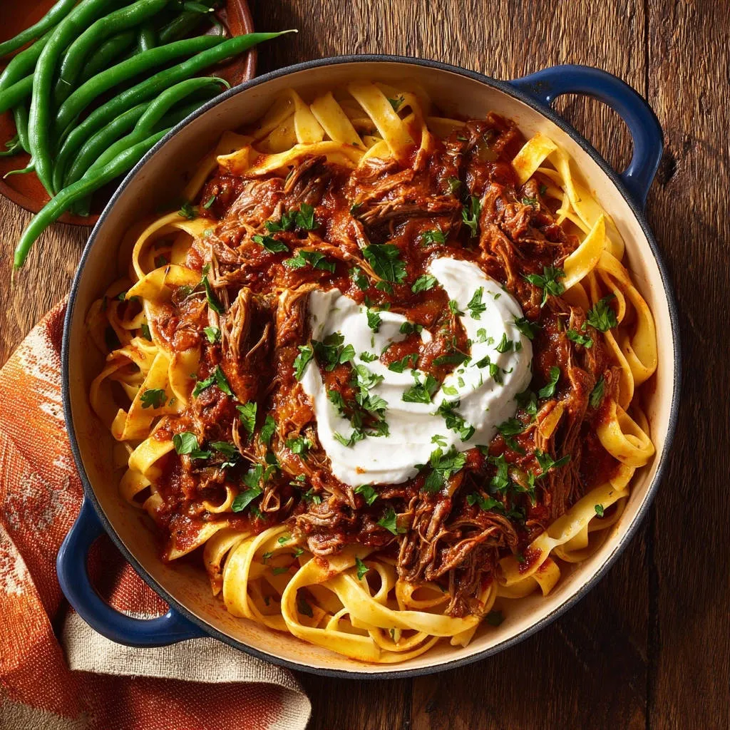 Ultimate comfort shredded beef noodles topped with a dollop of sour cream and fresh parsley garnish.