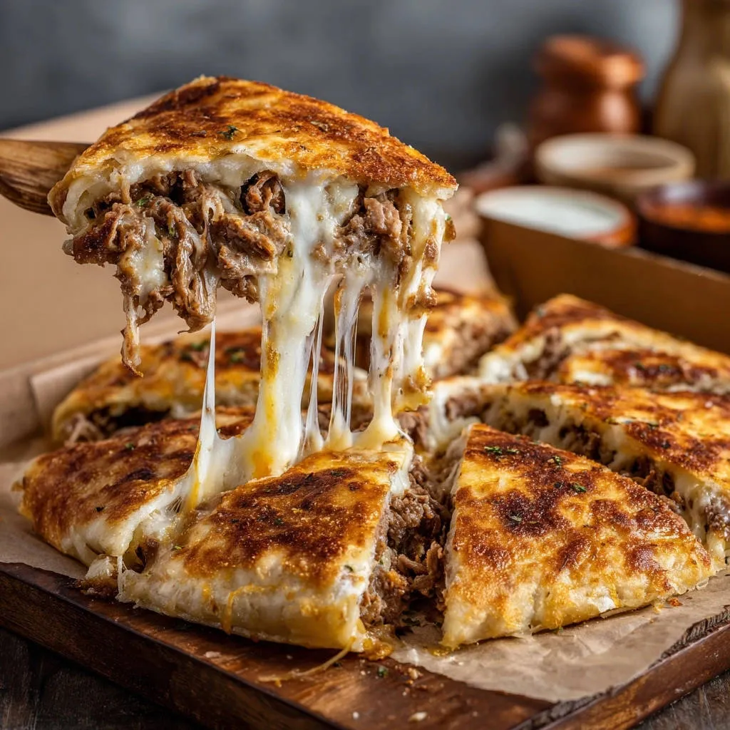 Giant shredded beef skillet turnover with a slice being lifted, showing a long, gooey cheese pull.