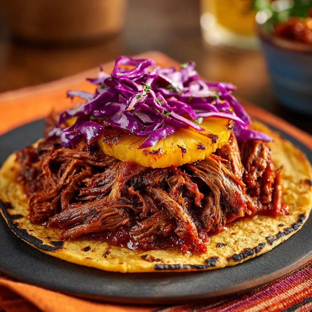 Restaurant-style shredded beef tacos featuring a close-up of the moist shredded beef, grilled pineapple, and shredded red cabbage topping.