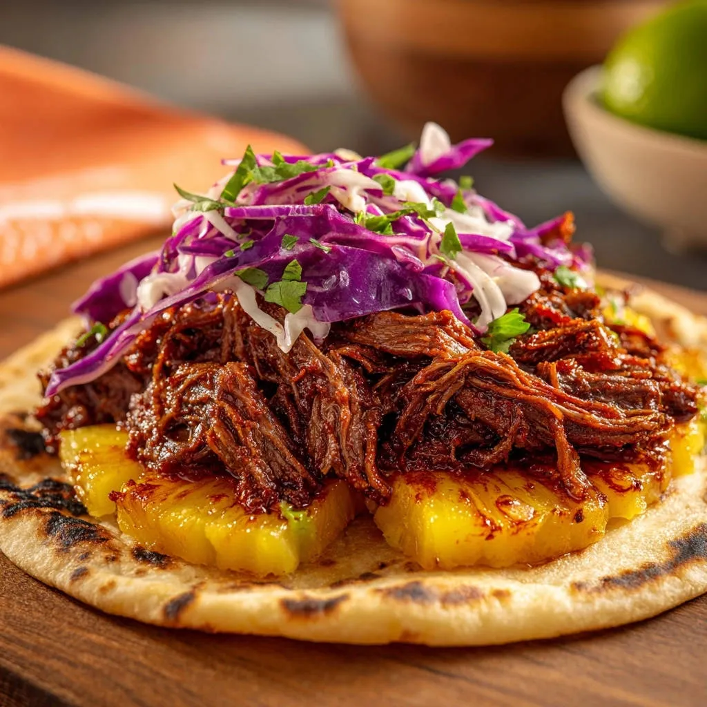 Restaurant-style shredded beef tacos featuring grilled pineapple and a fresh red cabbage slaw topping.