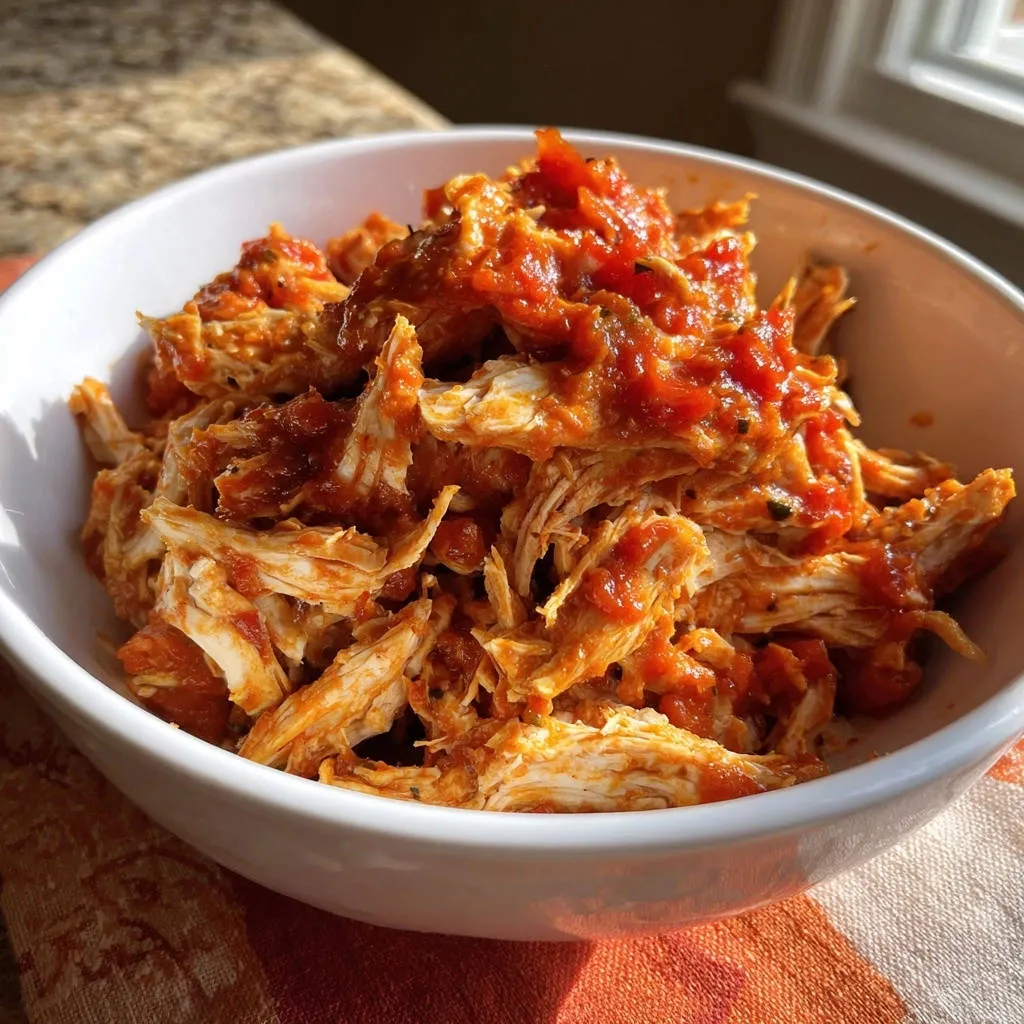 Tender shredded chicken in a white bowl, coated in a rich tomato sauce, showcasing its juicy texture.
