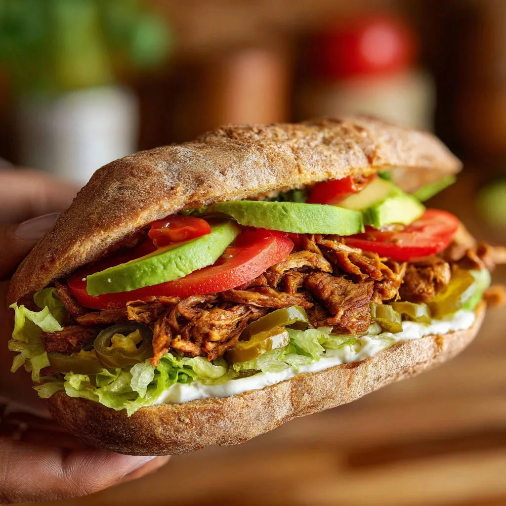 Ultimate shredded chicken sandwich with avocado, tomato, and jalapeños, shown in a close-up cross-section.