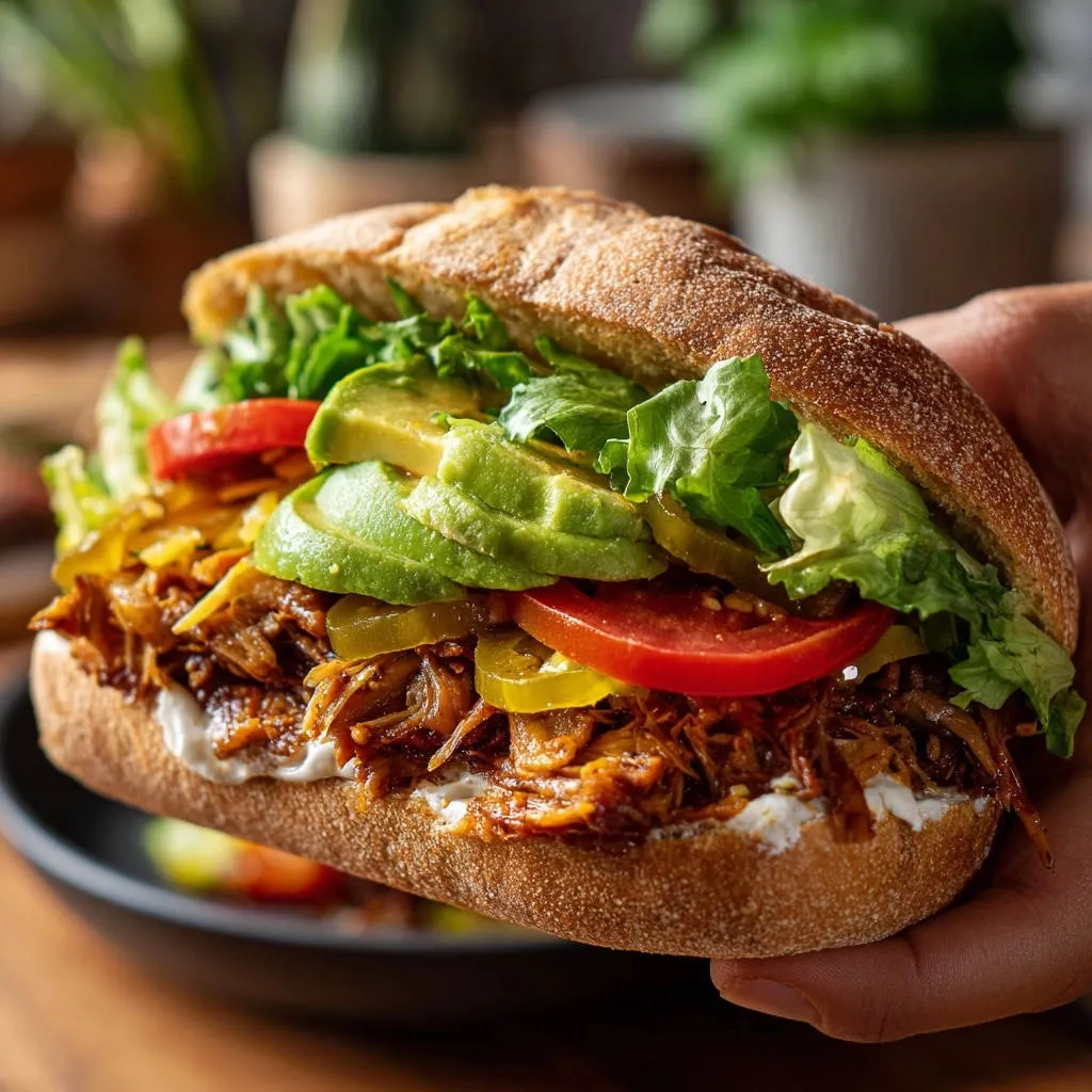 Ultimate shredded chicken sandwich showing layers of shredded chicken, avocado, tomato, and lettuce on a bun.