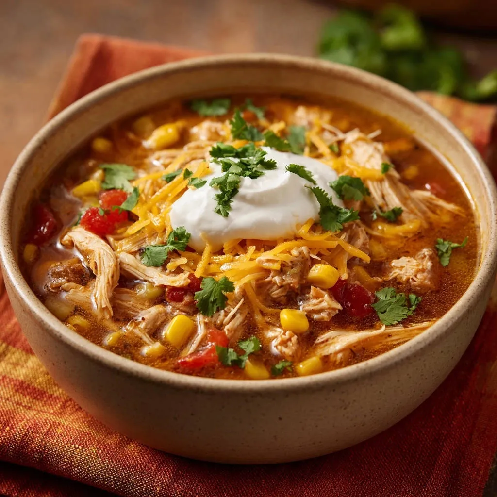 Hearty shredded chicken soup topped with a dollop of creamy sour cream and shredded cheese.