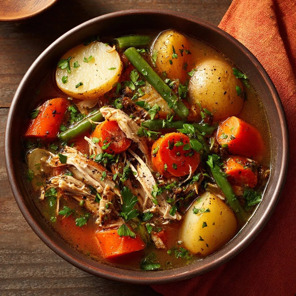 Hearty shredded chicken stew in a rustic bowl, showcasing tender chicken, carrots, potatoes, and green beans with fresh parsley garnish.