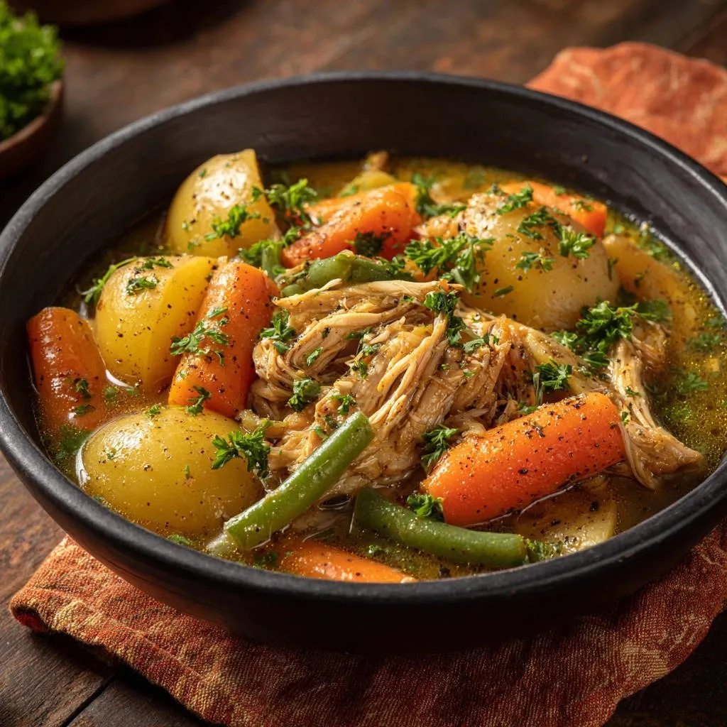 Hearty shredded chicken stew with potatoes, carrots, and green beans, served in a dark bowl and garnished with parsley.