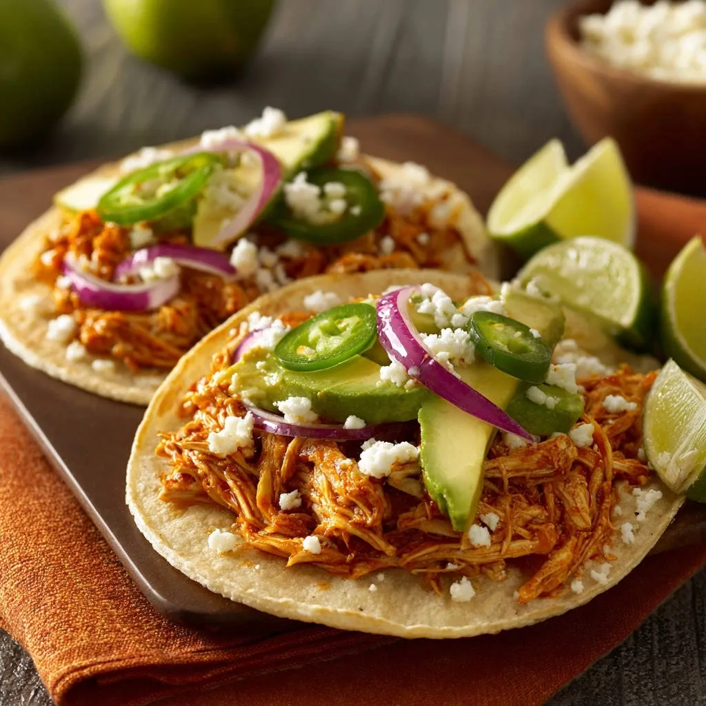 Simple shredded chicken tacos with avocado, jalapeños, red onion, and queso fresco, shown in a close-up view.