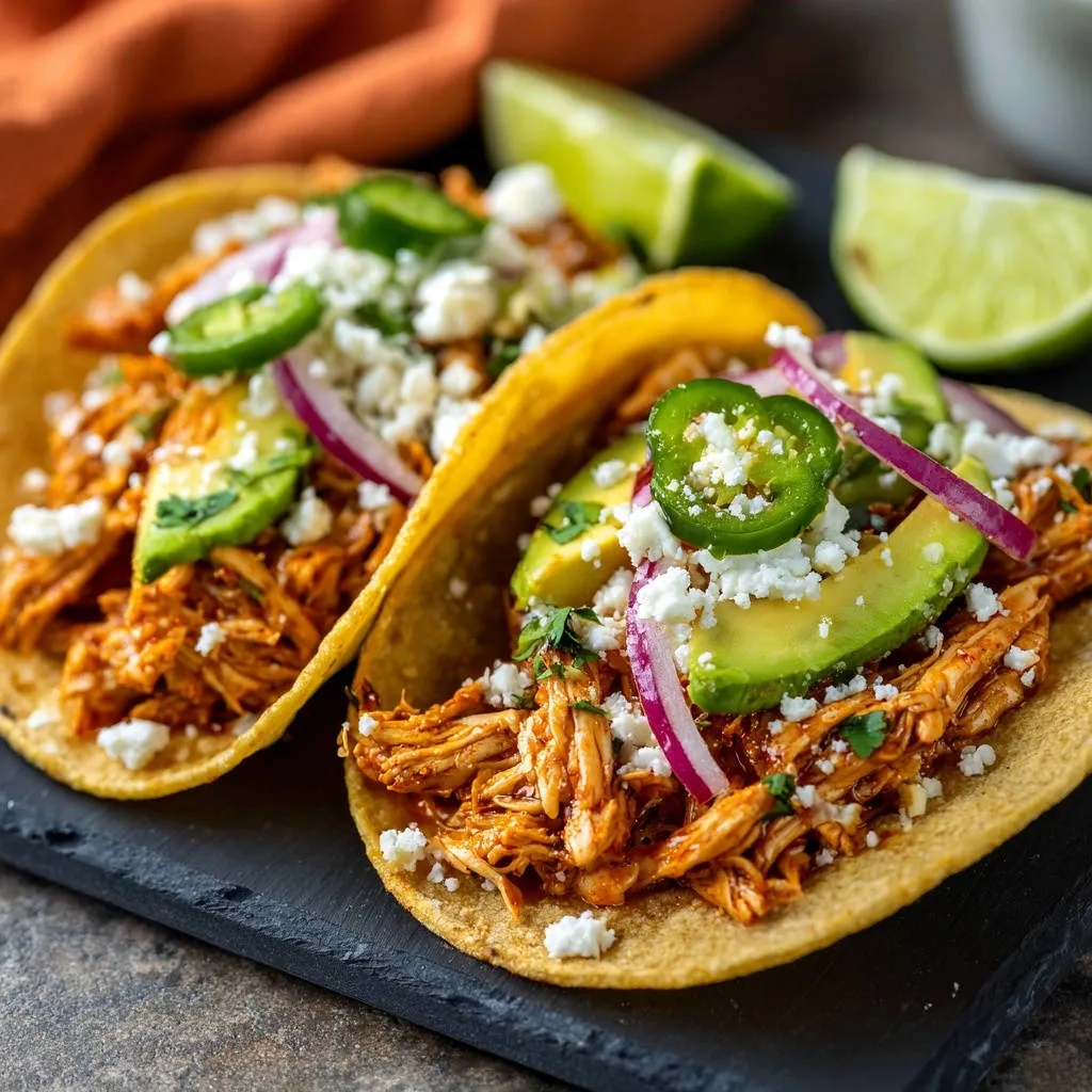 Simple shredded chicken tacos garnished with avocado, jalapeños, red onion, and queso fresco.