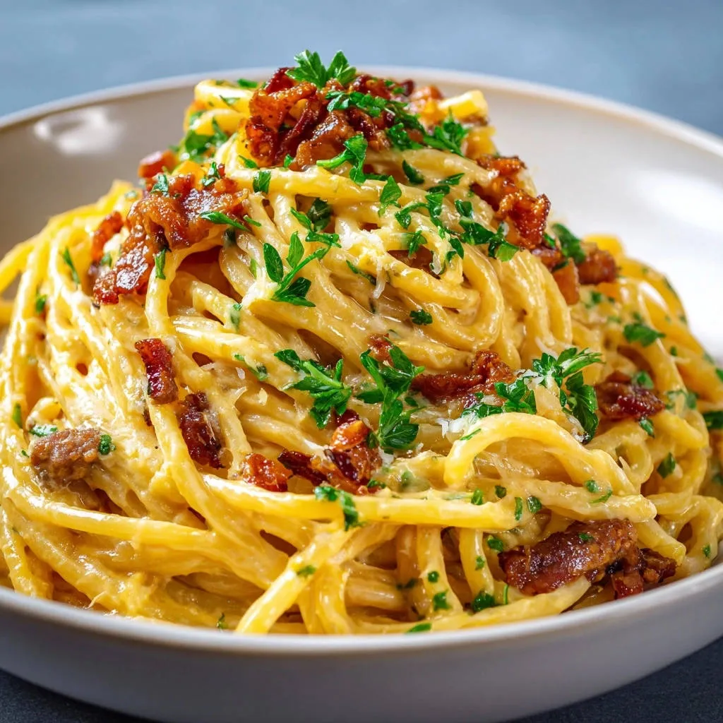 Silky creamy spaghetti topped with crispy bacon bits and fresh parsley garnish in a close-up view.