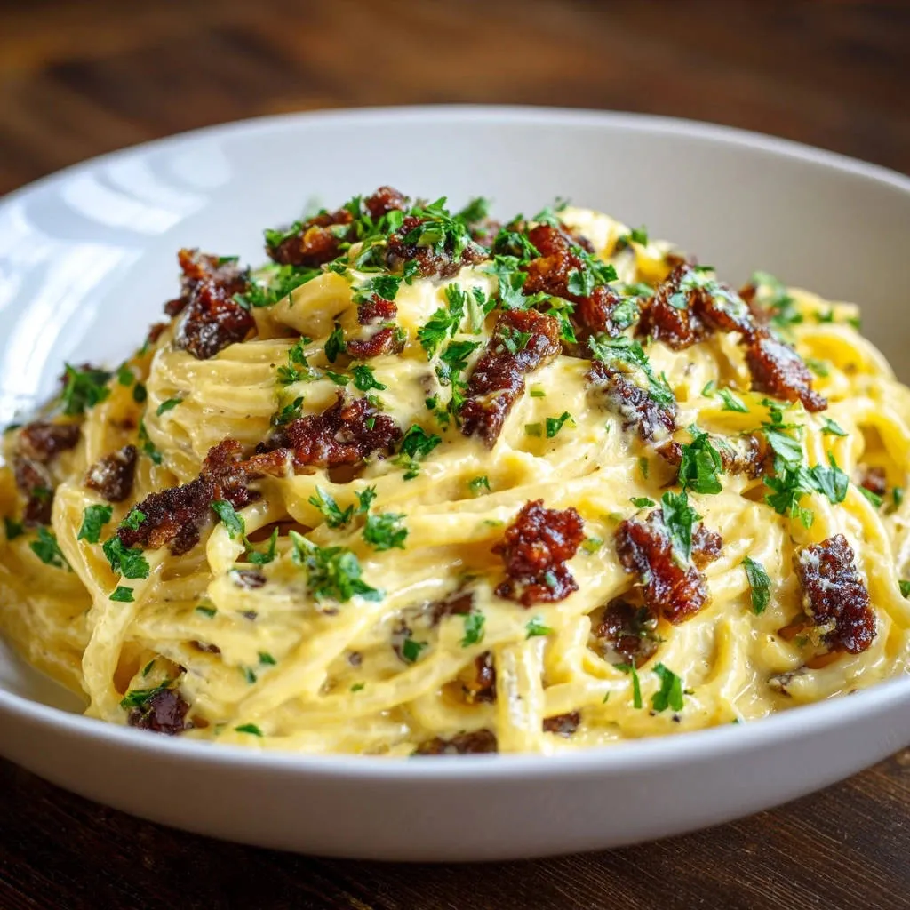Silky creamy spaghetti garnished with chopped parsley and crispy bacon bits in a white bowl.