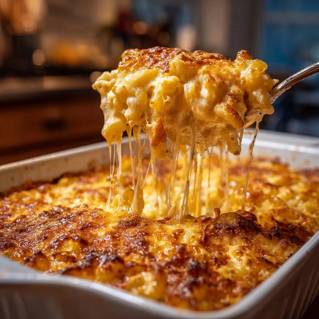 Skillet baked mac and cheese with a cheesy pull, showcasing its creamy texture and golden-brown topping.