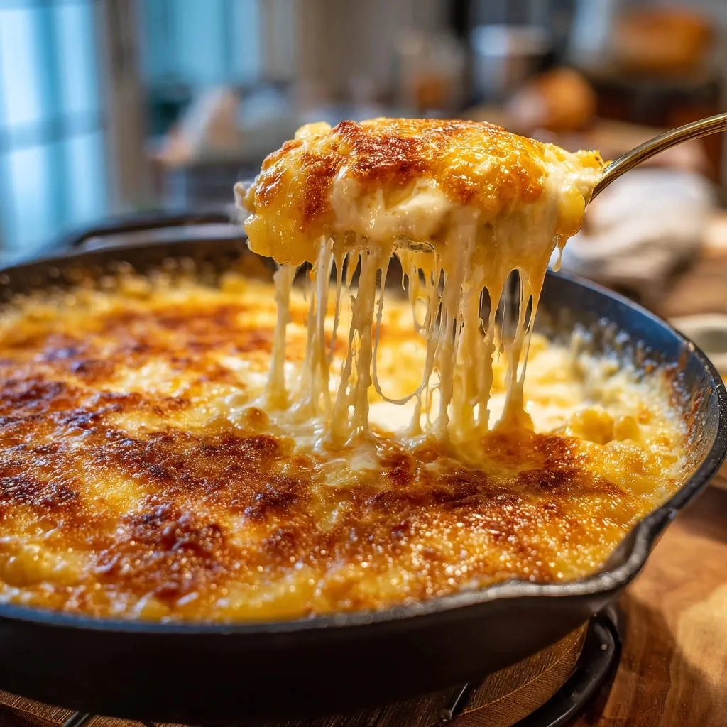 Skillet baked mac and cheese with a spoon lifting a gooey, stringy cheese pull from the golden-brown surface.