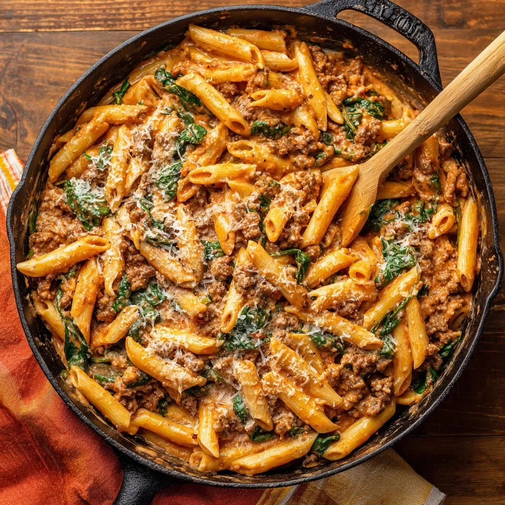 Skillet beef and spinach penne shown in an overhead view within a cast-iron pan, ready to be served.