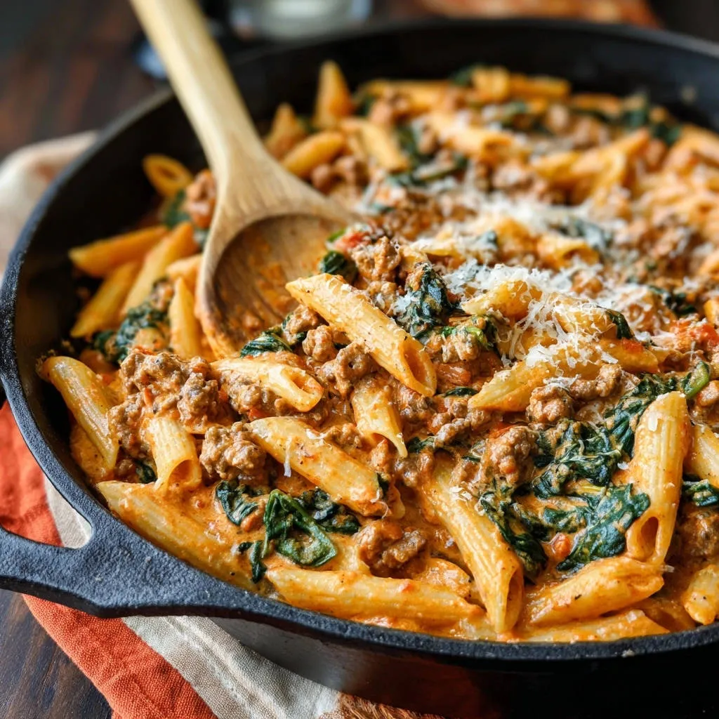 Skillet beef and spinach penne being served with a wooden spoon in a cast iron pan.