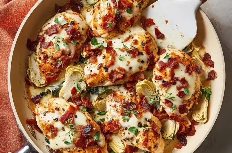 Skillet Chicken with Artichoke, Bacon, and Melted Cheese