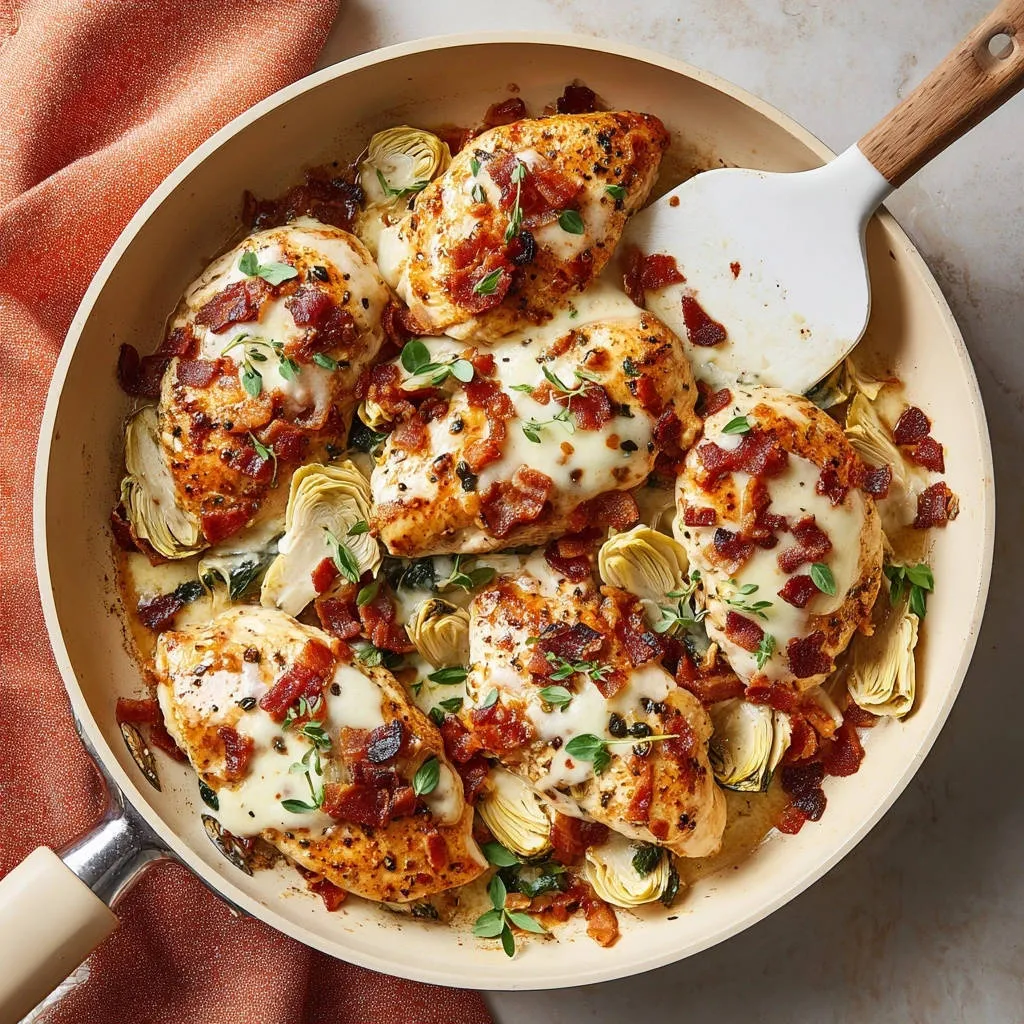 Skillet chicken with artichoke, bacon, and melted cheese shown in an overhead view in a skillet.