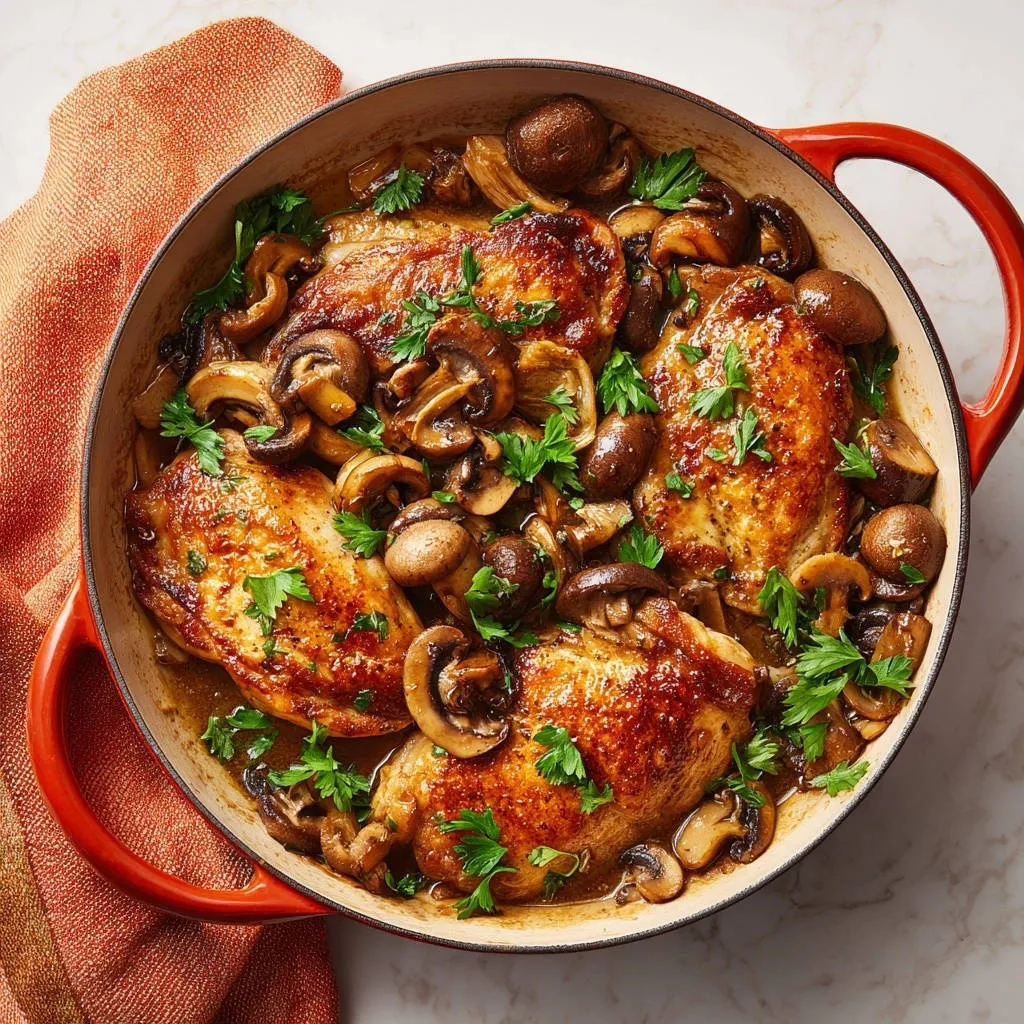 One-pan skillet chicken and mushrooms in a rich sauce, shown in a full overhead view.