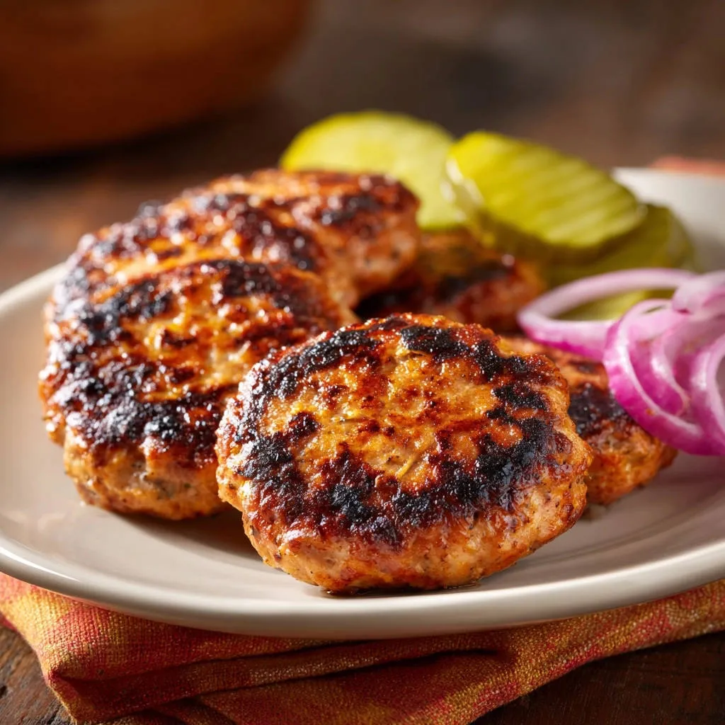 Skillet chicken patties plated with dill pickles and thinly sliced red onions, showcasing a golden-brown sear.
