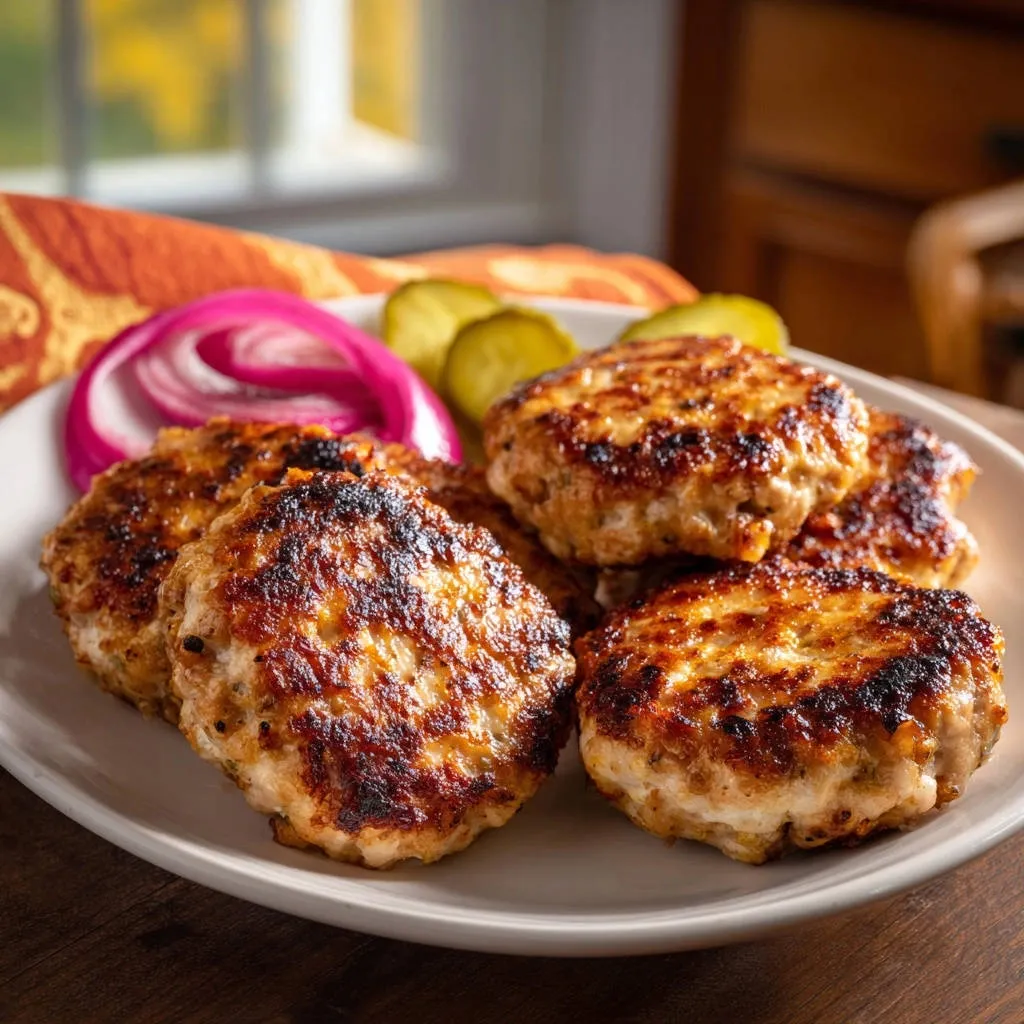 Skillet chicken patties shown plated with sliced red onion and dill pickles, offering a juicy, never dry perfection.