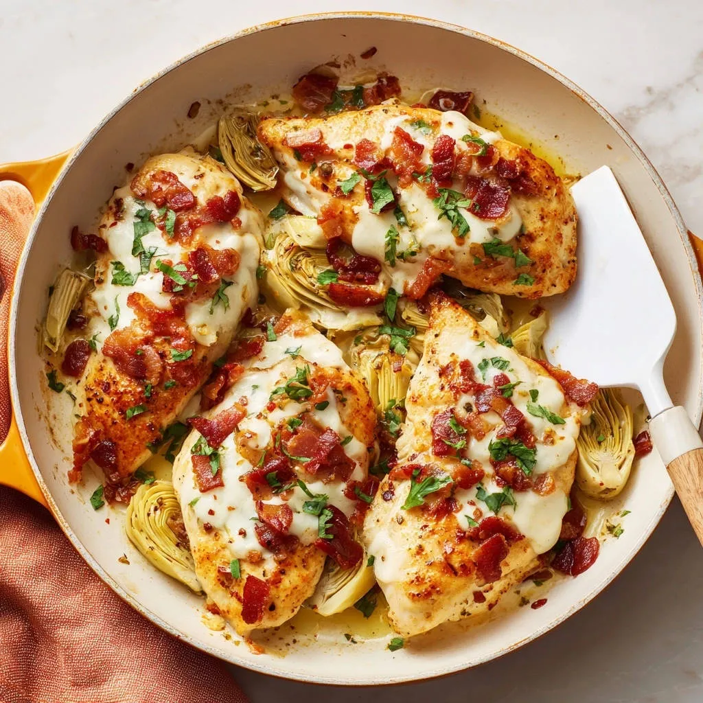 Skillet Chicken with Artichoke, Bacon, and Melted Cheese: Never Dry - recipe image