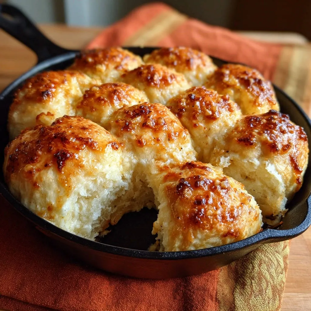 Skillet garlic pull-apart rolls, close-up of the fluffy interior showing the tender texture.