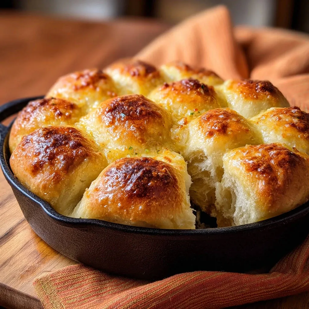 Skillet garlic pull-apart rolls, showing the fluffy, golden-brown interior texture of the baked rolls.