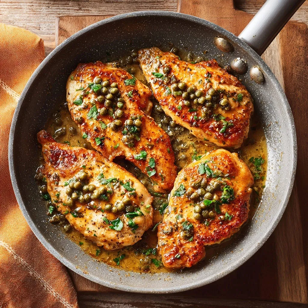 Skillet lemon caper chicken presented overhead in a pan with a bright lemon-butter sauce and capers.