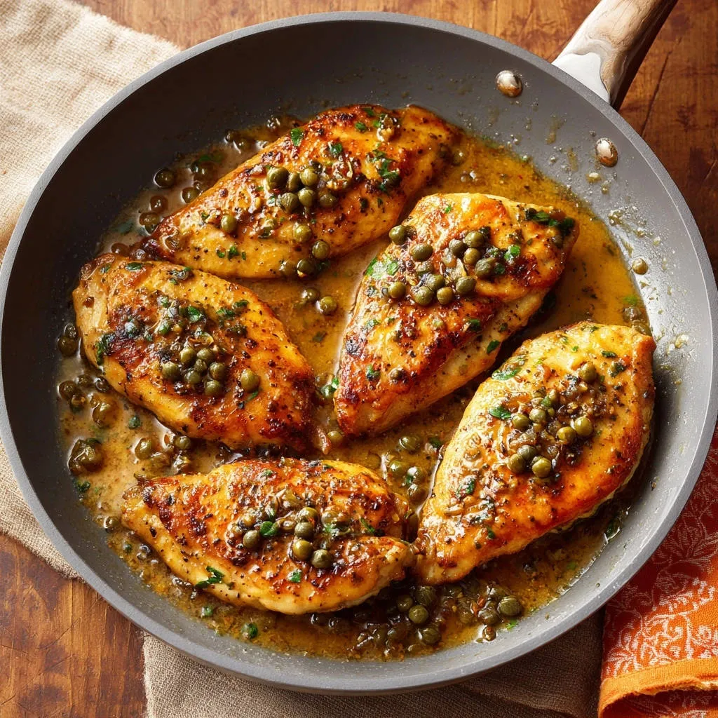 Skillet lemon caper chicken shown overhead in a pan with a glistening sauce and capers.