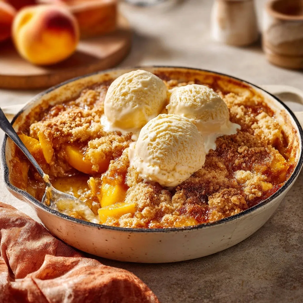 Skillet peach crumble with scoops of vanilla ice cream and a spoon taking a bite.