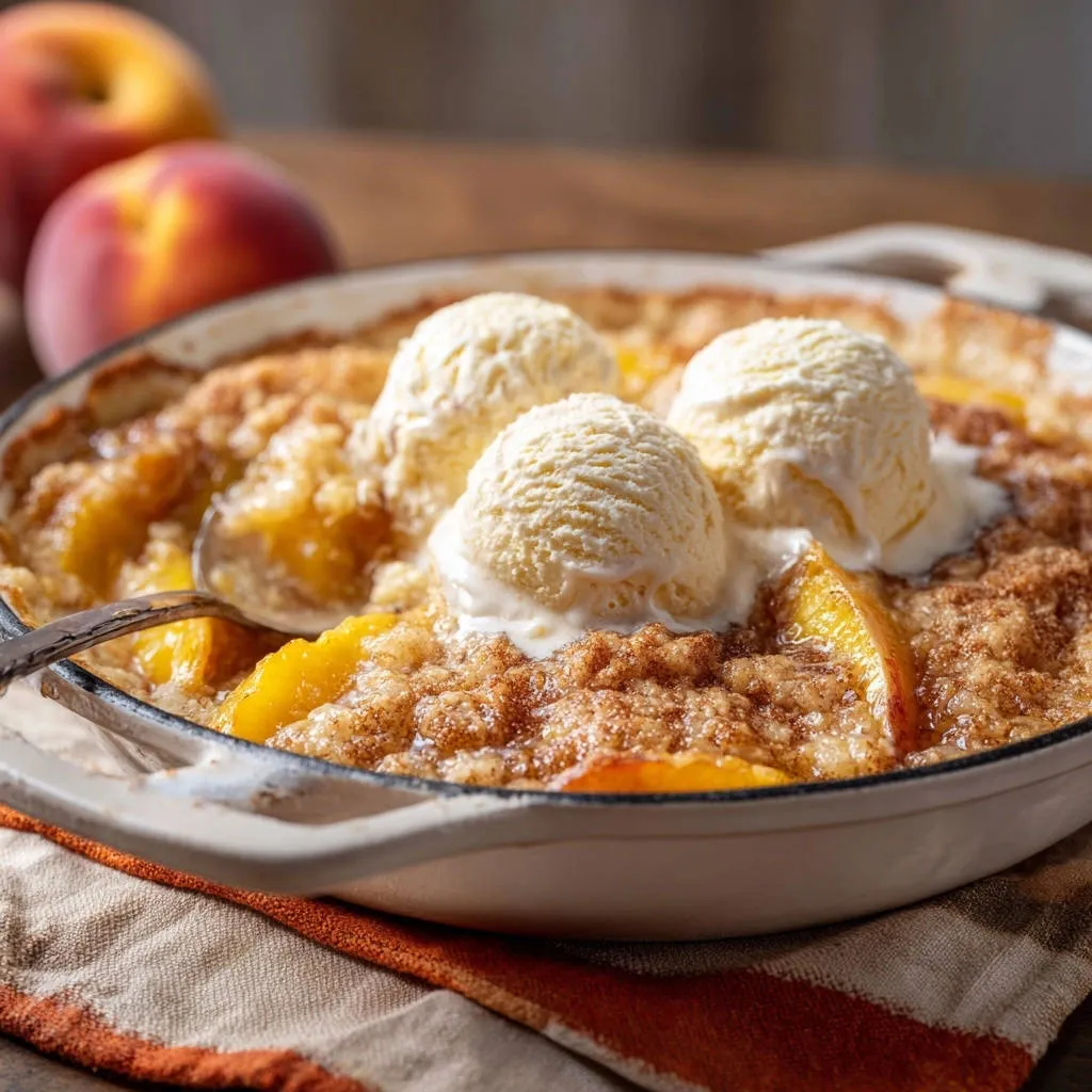 Skillet peach crumble with melting vanilla ice cream being scooped with a spoon, showing golden fruit and topping.
