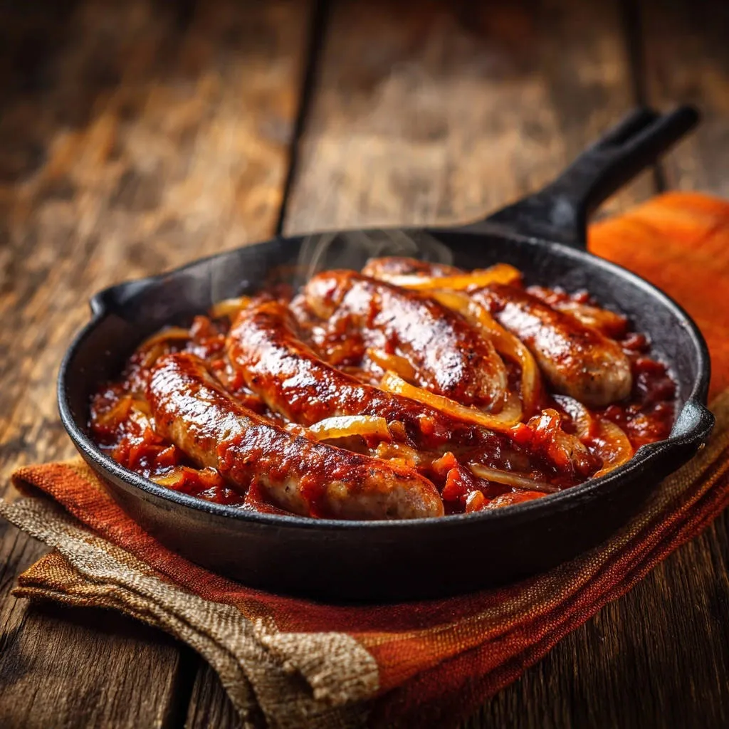 Skillet sausage and peppers steaming in a cast iron pan, served with onions and a rich tomato sauce.
